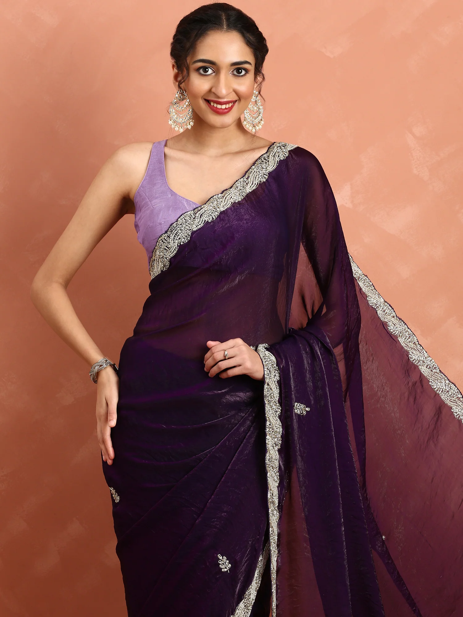 Purple Satin Saree With Hand Embroidery Saree - Image 4