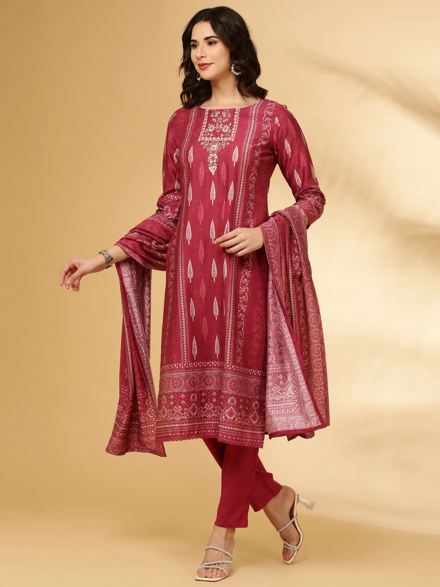 Wine Modal Silk Printed Three Piece Set