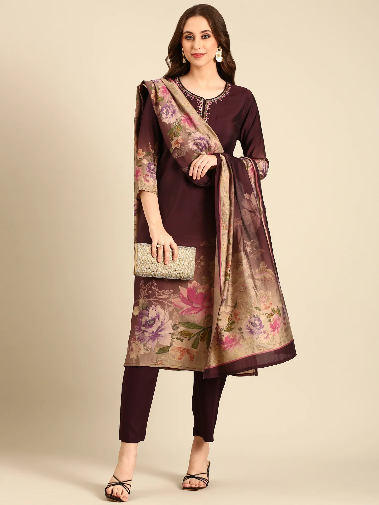 Wine Muslin Fabric three piece palazzo suit - Image 5