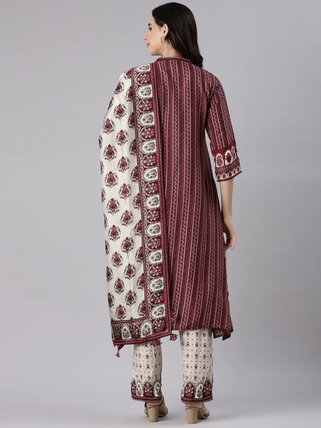 Wine Muslin Printed Three Piece Set - Image 3