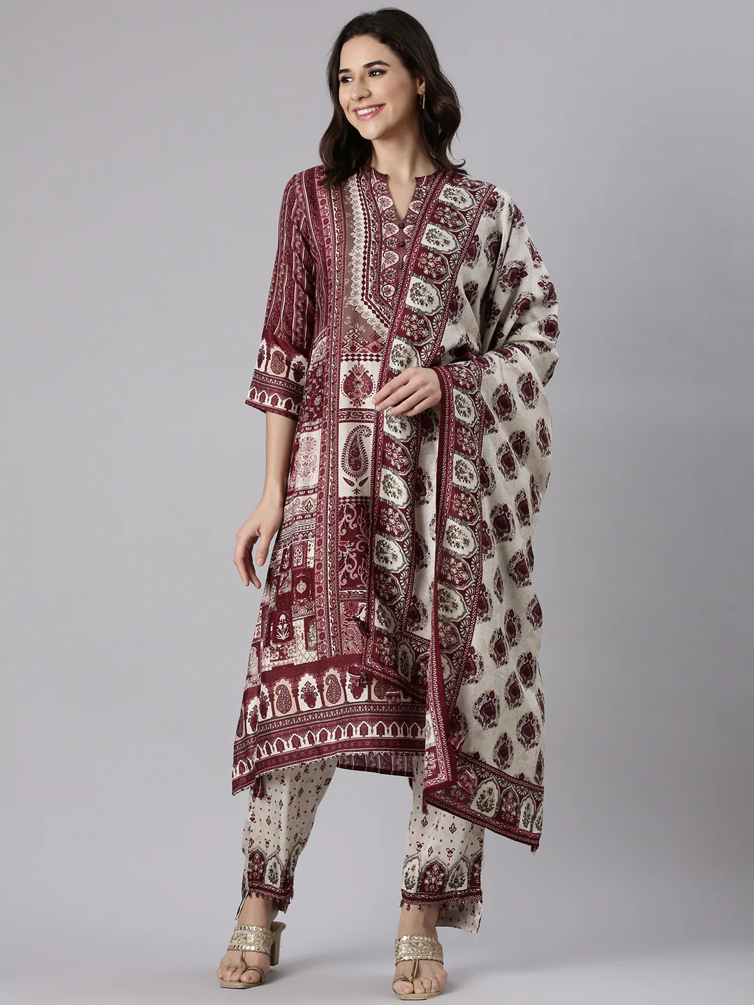 Wine Muslin Printed Three Piece Set - Image 5