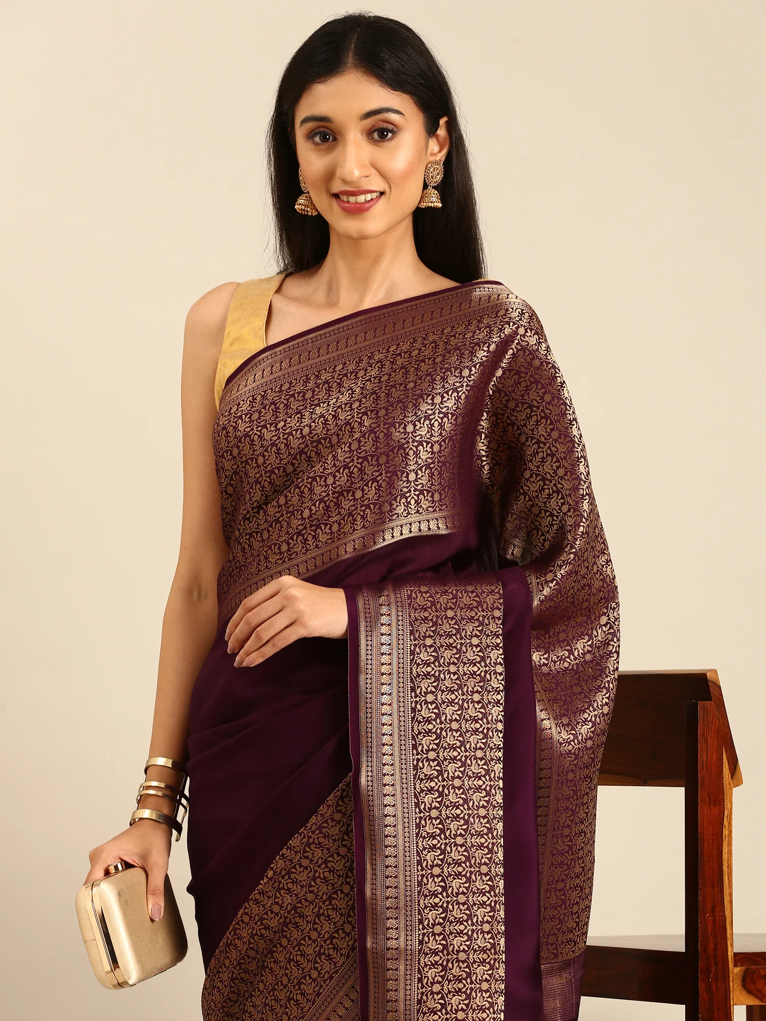 Wine Mysore Crepe Saree With Zari Jaal Border - Image 3