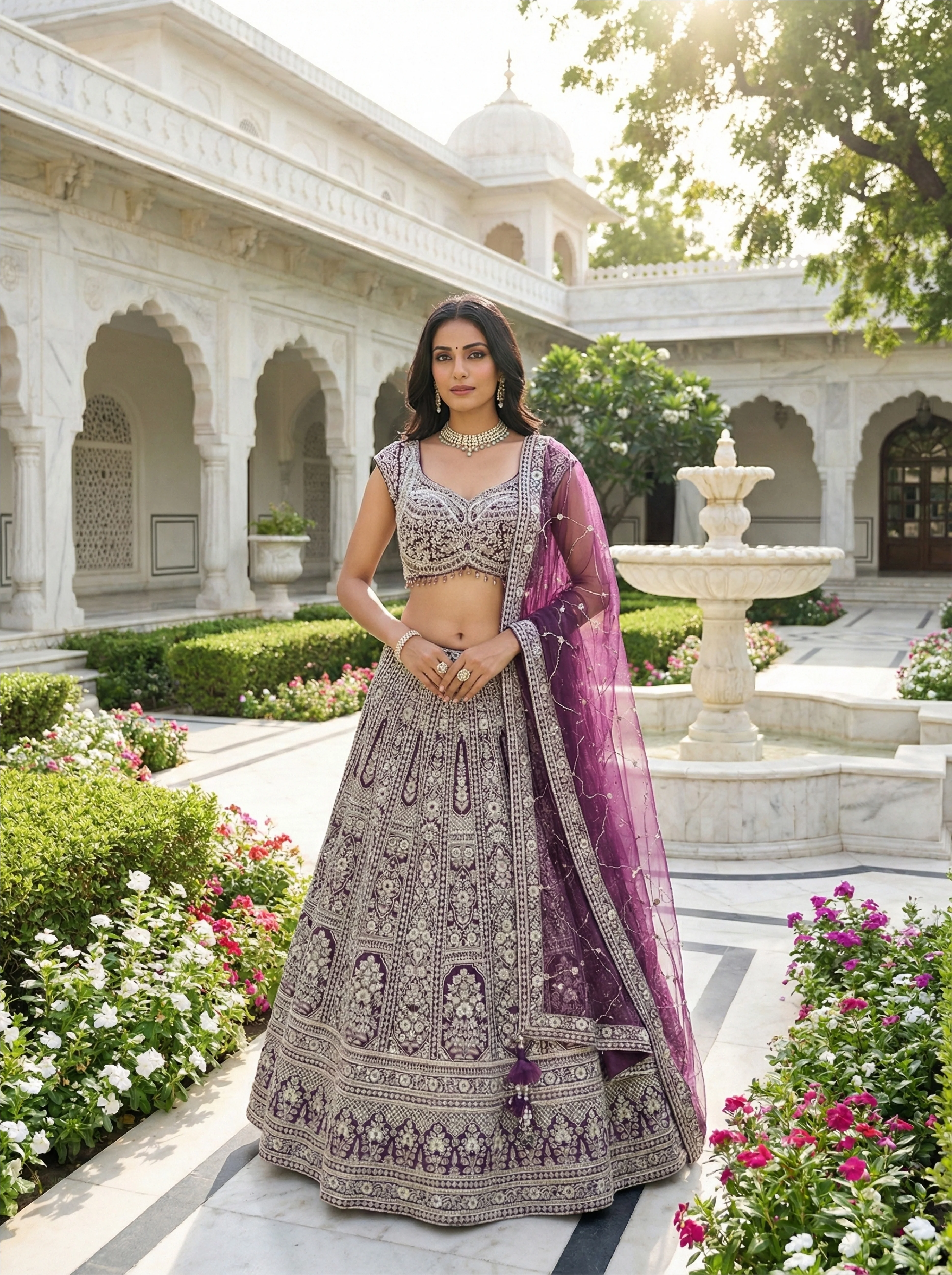Wine Net Floral Hand Embroidered Ghagra Set