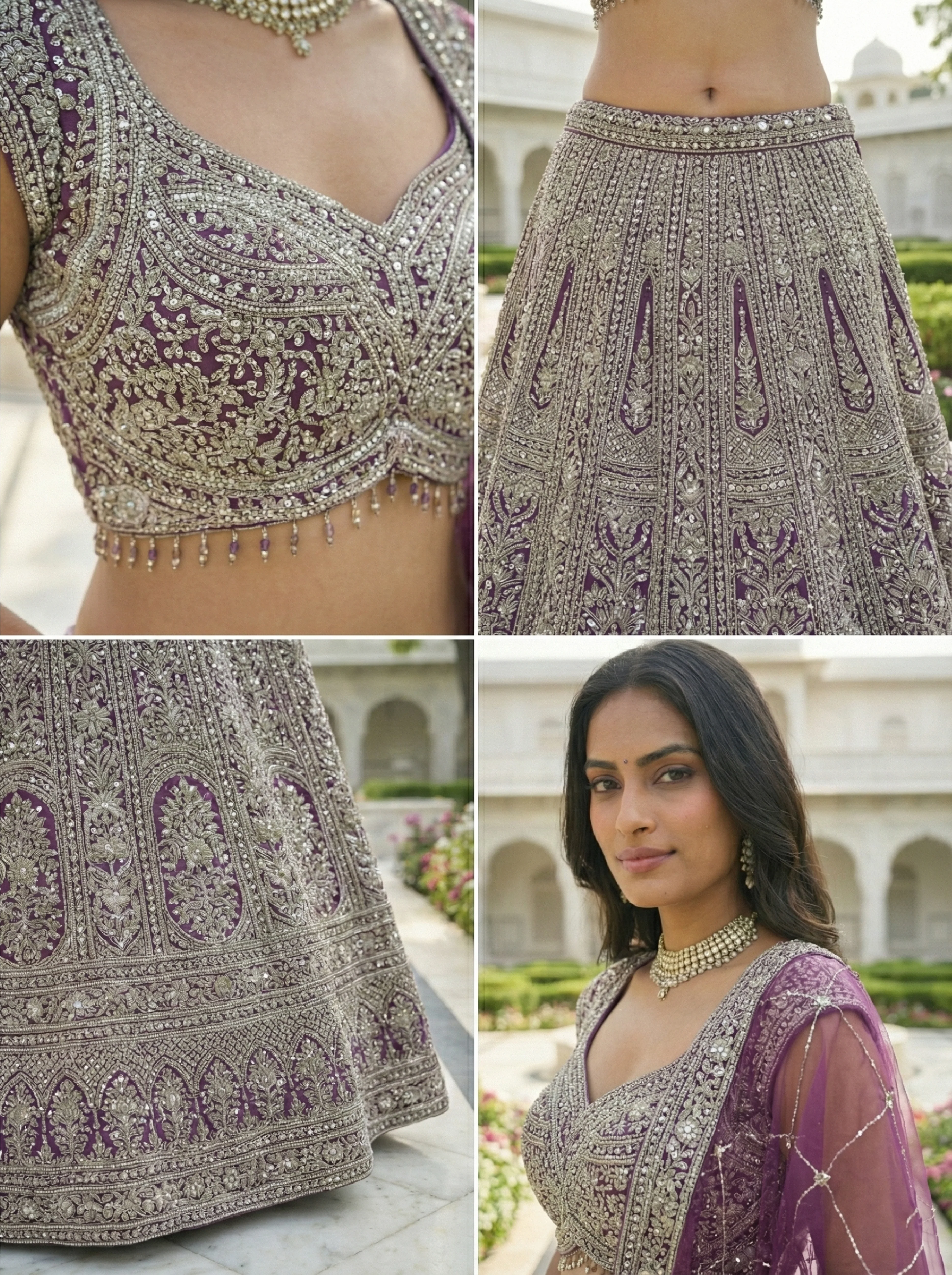 Wine Net Floral Hand Embroidered Ghagra Set - Image 3