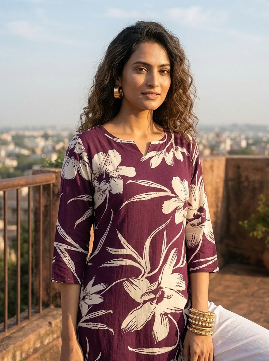 Wine Rayon Bold Floral Printed Kurta - Image 5