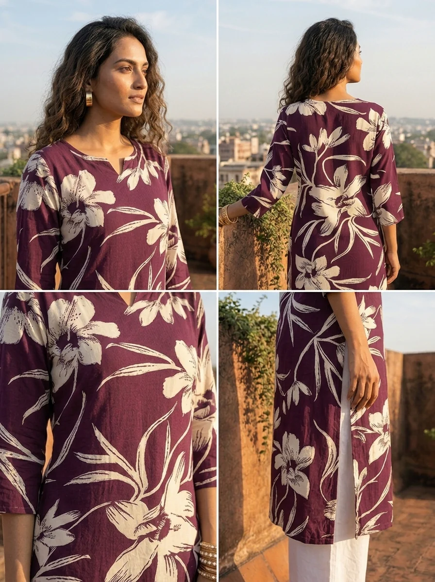 Wine Rayon Bold Floral Printed Kurta - Image 6
