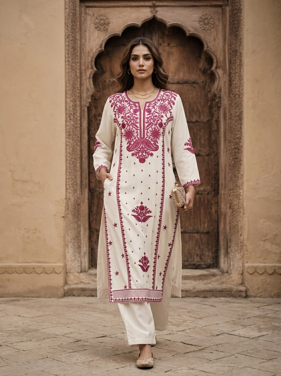 Wine Rayon Floral Embroidery Kurta