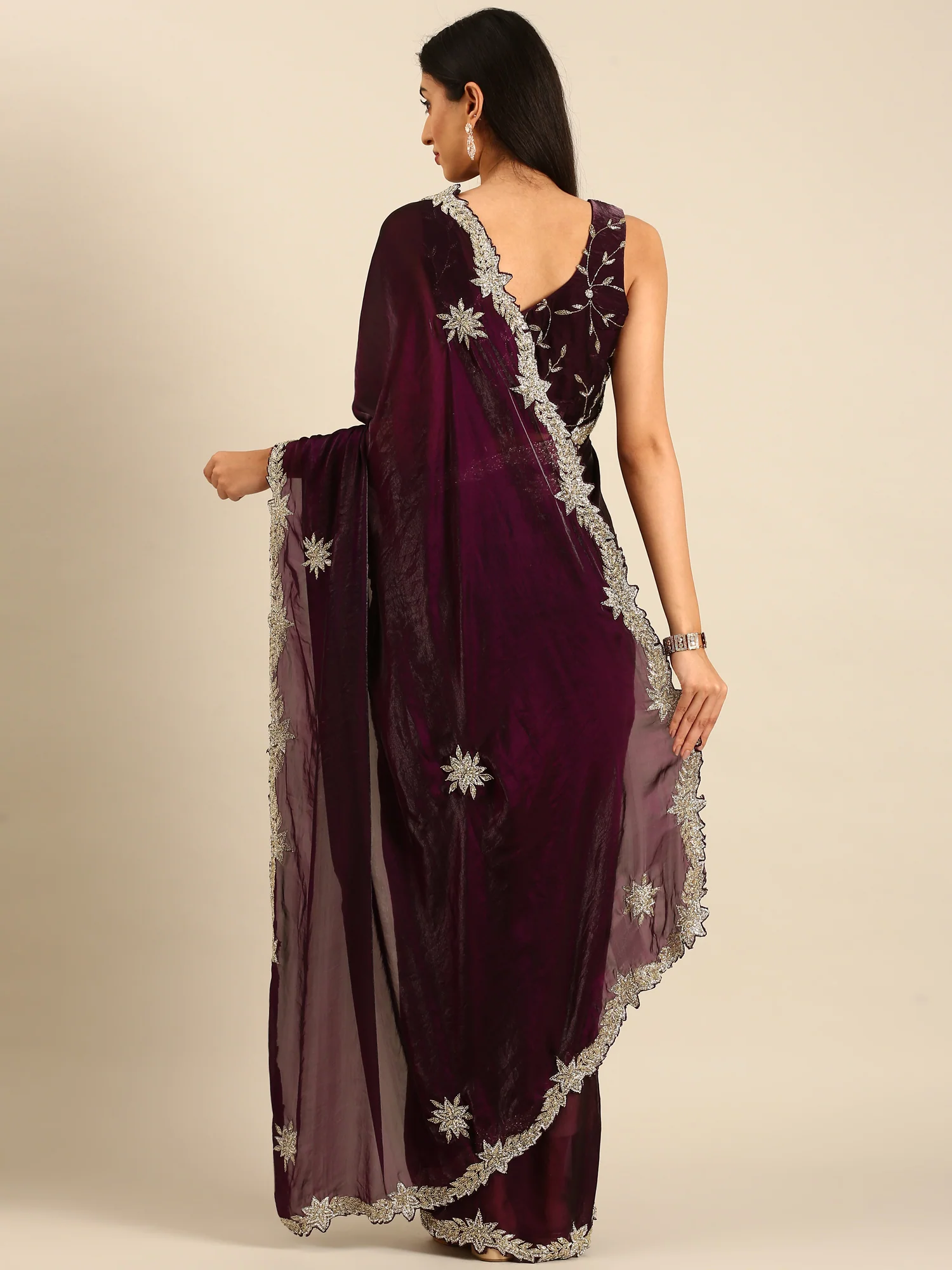 Wine shimmer tissue saree with cut Dana & Swarovski embroidery - Image 2