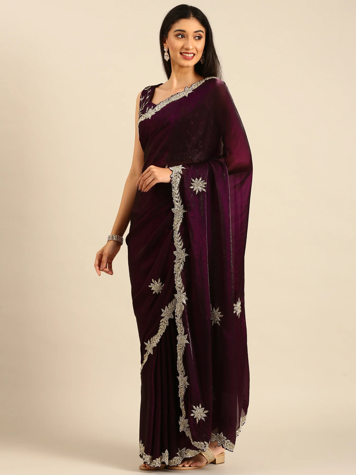 Wine shimmer tissue saree with cut Dana & Swarovski embroidery - Image 4