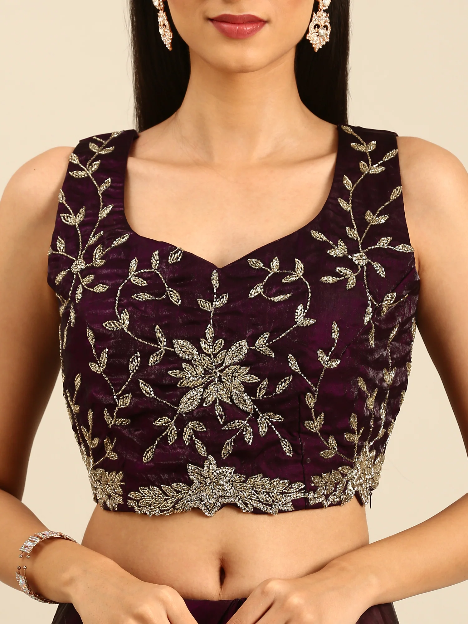 Wine shimmer tissue saree with cut Dana & Swarovski embroidery - Image 6