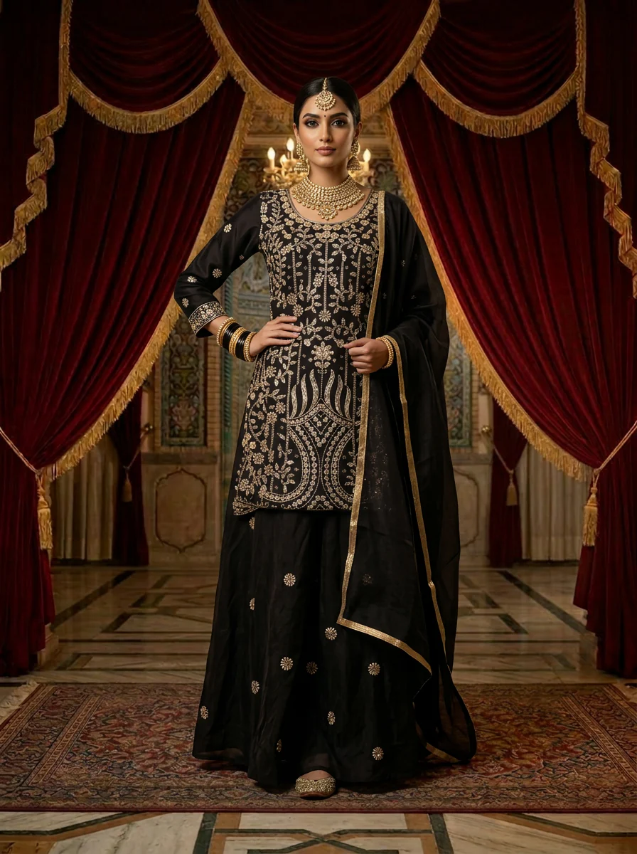 Wine Silk Embroidery Palazzo Set With Dupatta