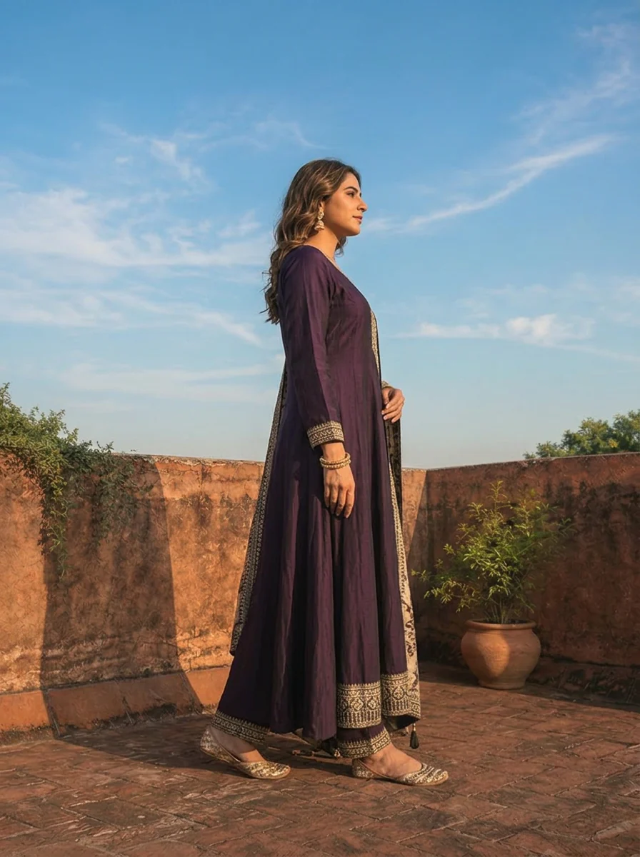 Wine Silk Embroidery Three Piece Set With Contrast Dupatta - Image 3