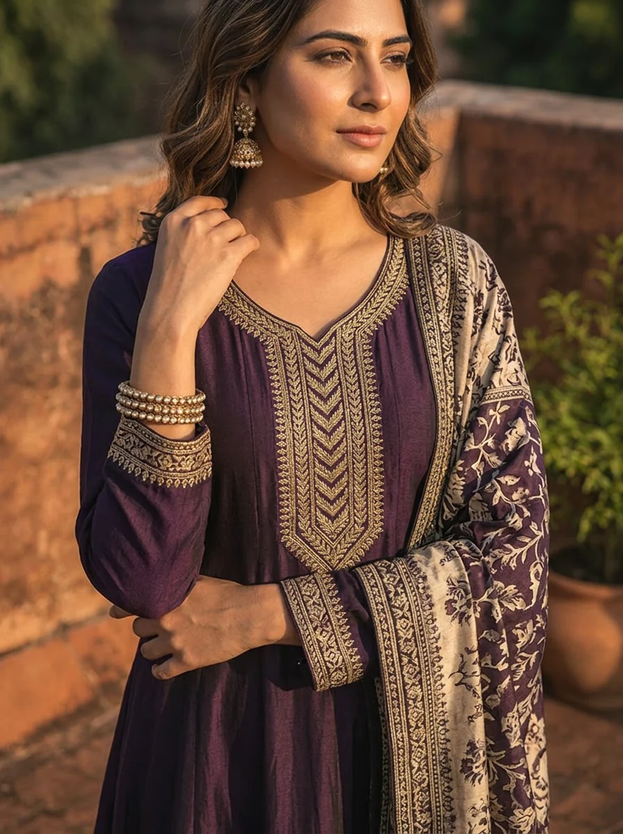 Wine Silk Embroidery Three Piece Set With Contrast Dupatta - Image 4