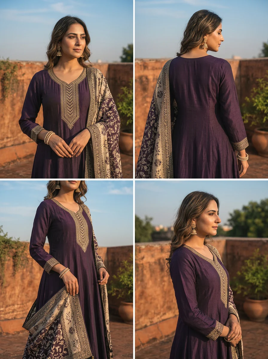Wine Silk Embroidery Three Piece Set With Contrast Dupatta - Image 5