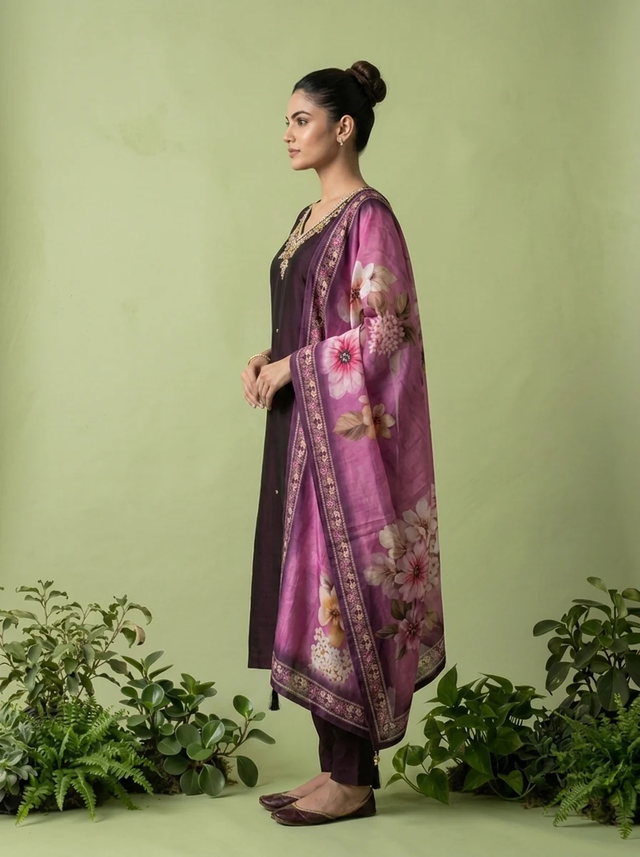 Wine Silk Floral Beads And Thread Embroidered Three Piece Set - Image 3