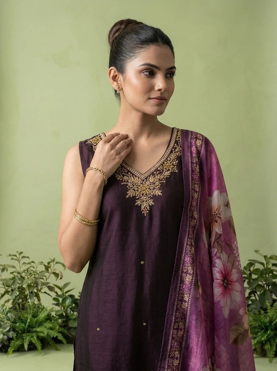 Wine Silk Floral Beads And Thread Embroidered Three Piece Set - Image 4