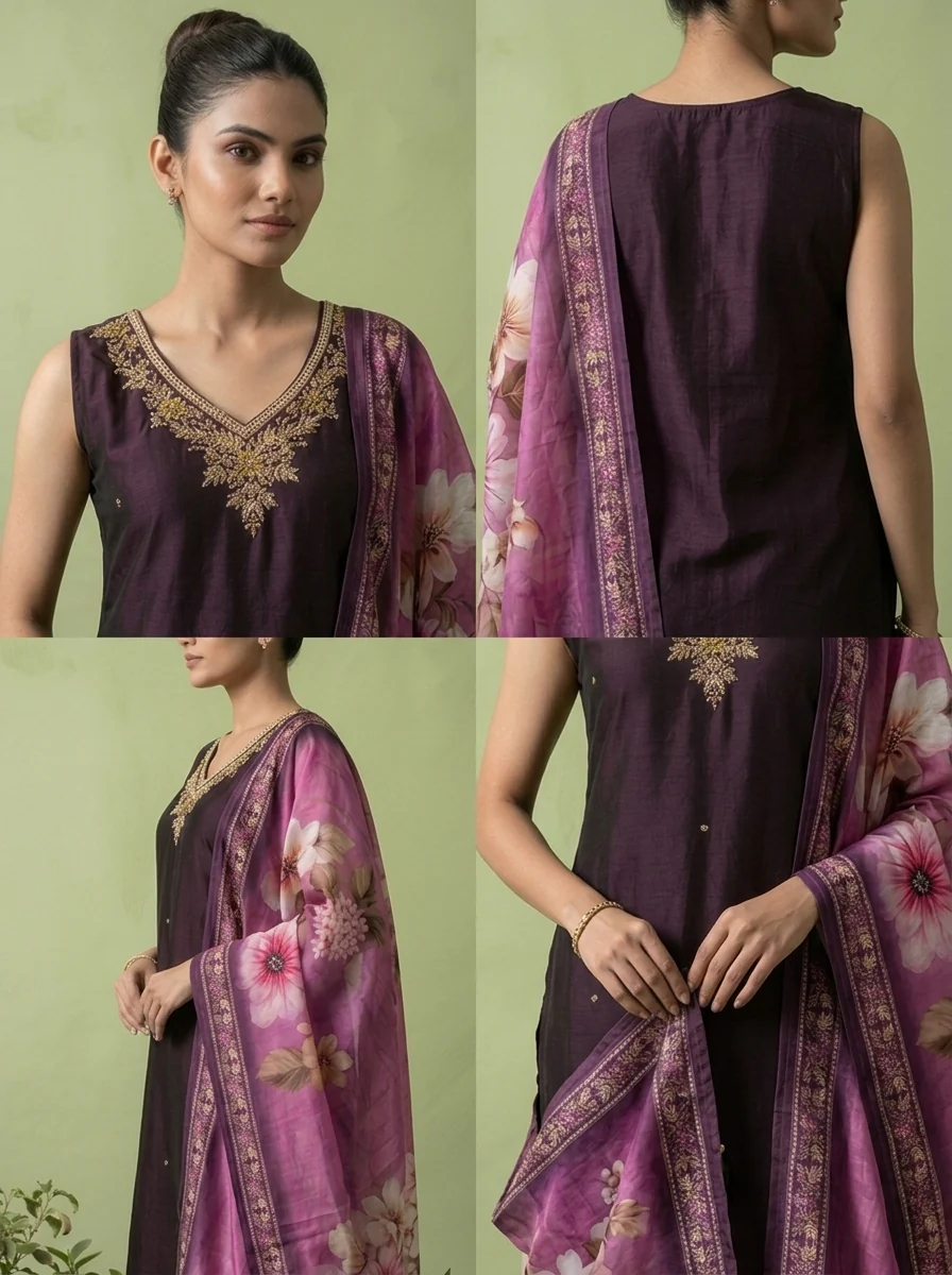 Wine Silk Floral Beads And Thread Embroidered Three Piece Set - Image 5
