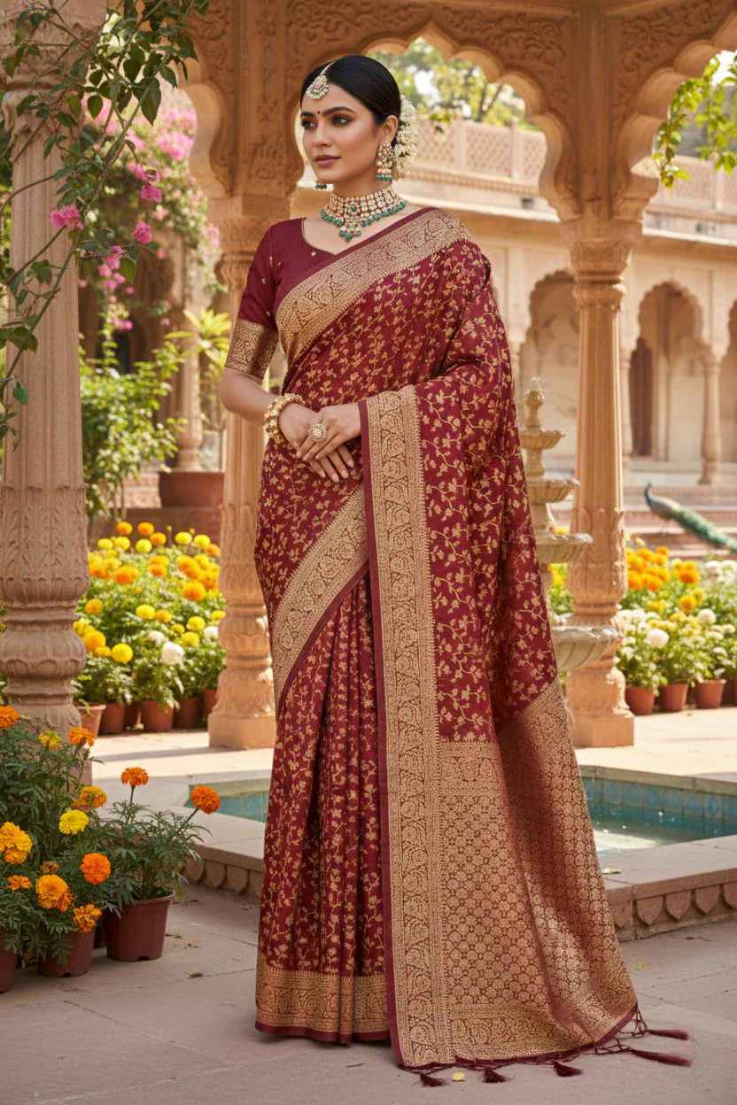 Wine Silk Floral Printed Pattu Saree