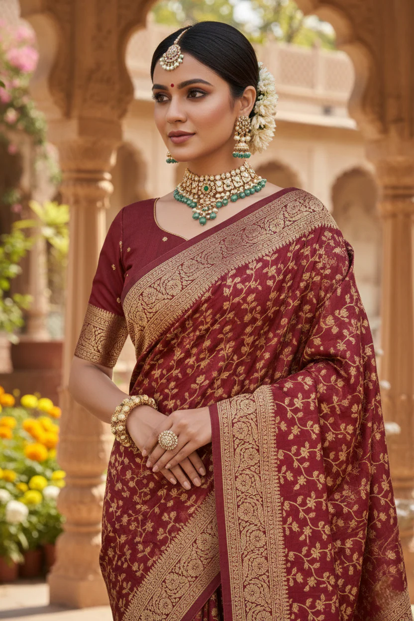 Wine Silk Floral Printed Pattu Saree - Image 2