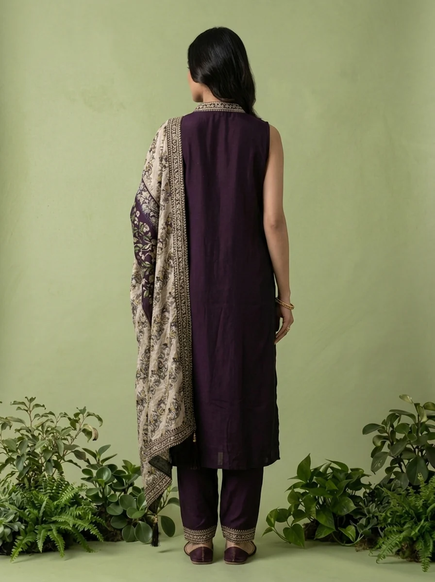 Wine Silk Floral Zari Embroidery Three Piece Set With Contrast Dupatta - Image 4