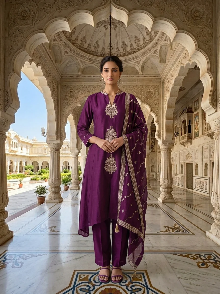 Wine Silk Paisley Thread Embroidered Three Piece Set