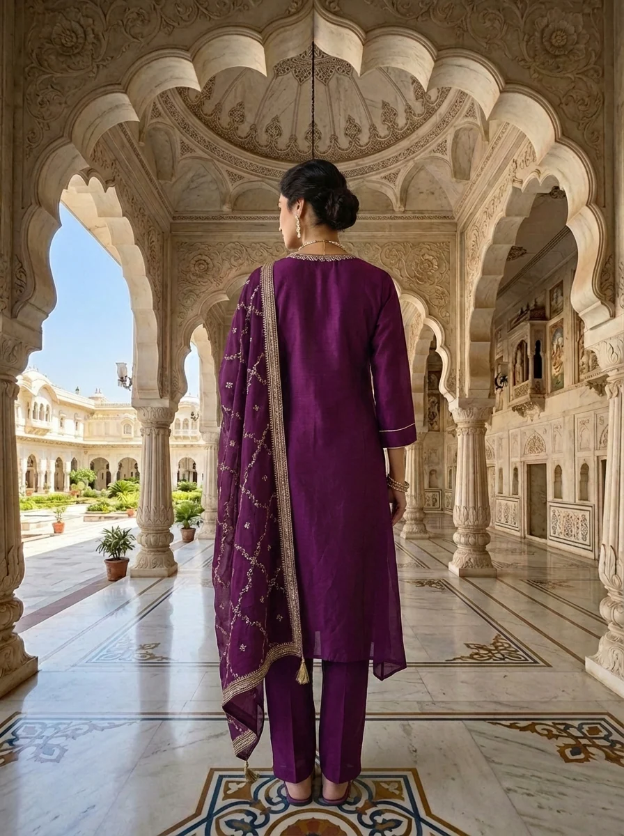 Wine Silk Paisley Thread Embroidered Three Piece Set - Image 3