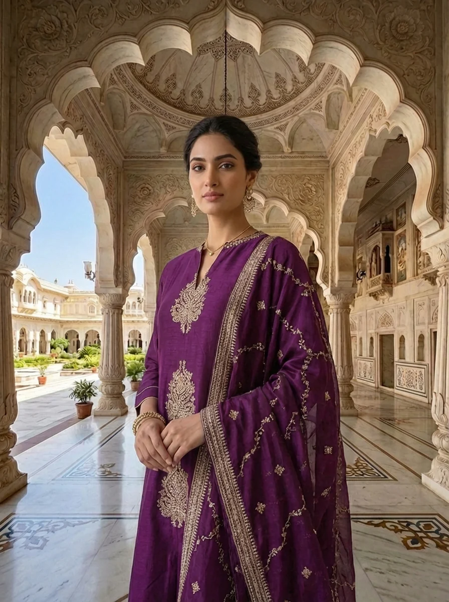 Wine Silk Paisley Thread Embroidered Three Piece Set - Image 4