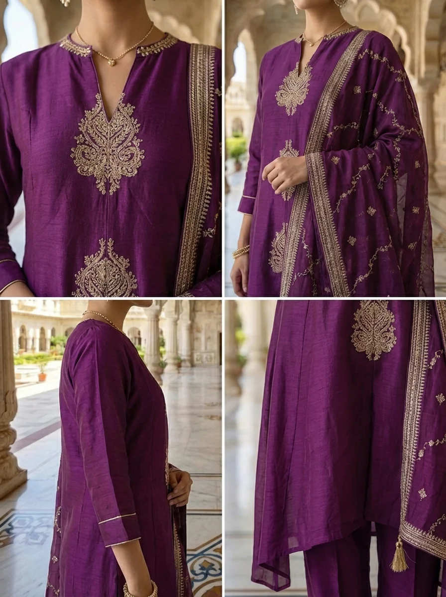 Wine Silk Paisley Thread Embroidered Three Piece Set - Image 5