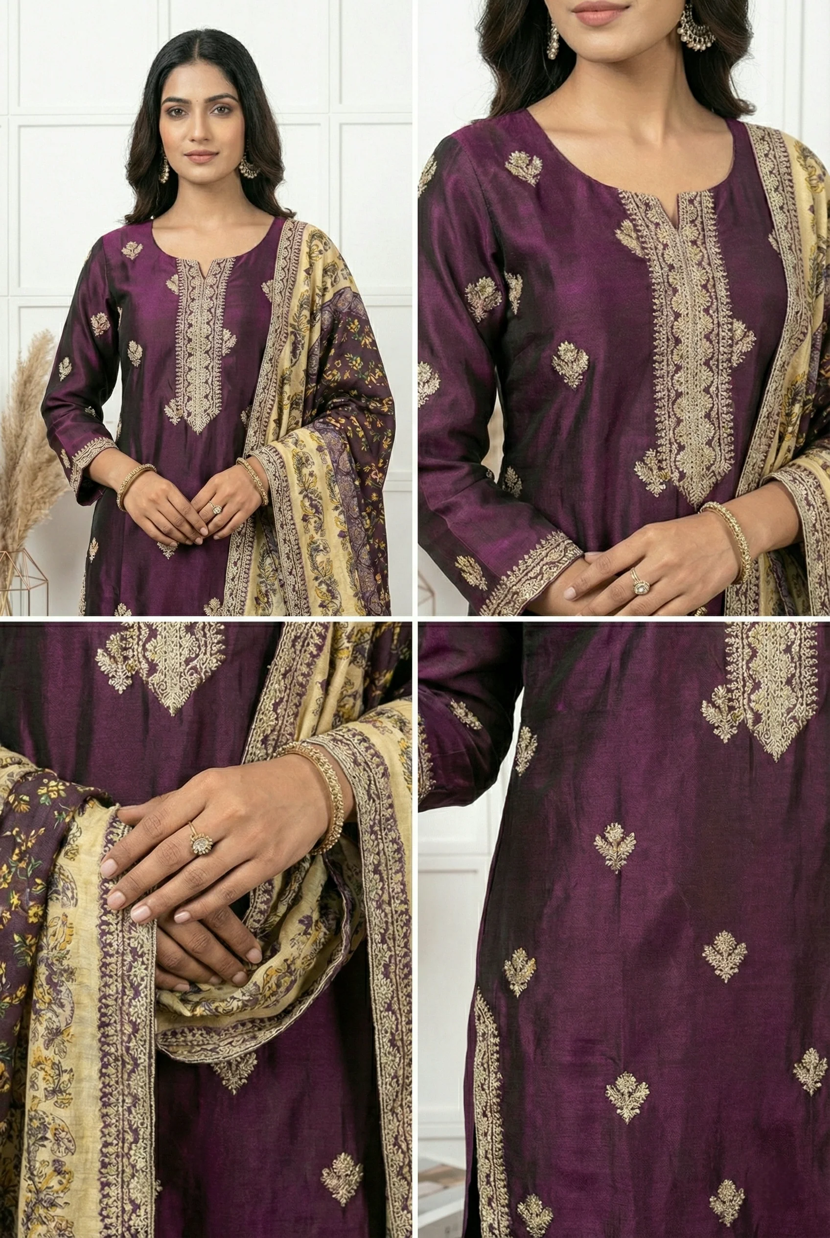 Wine Silk Printed Three Piece Set - Image 3