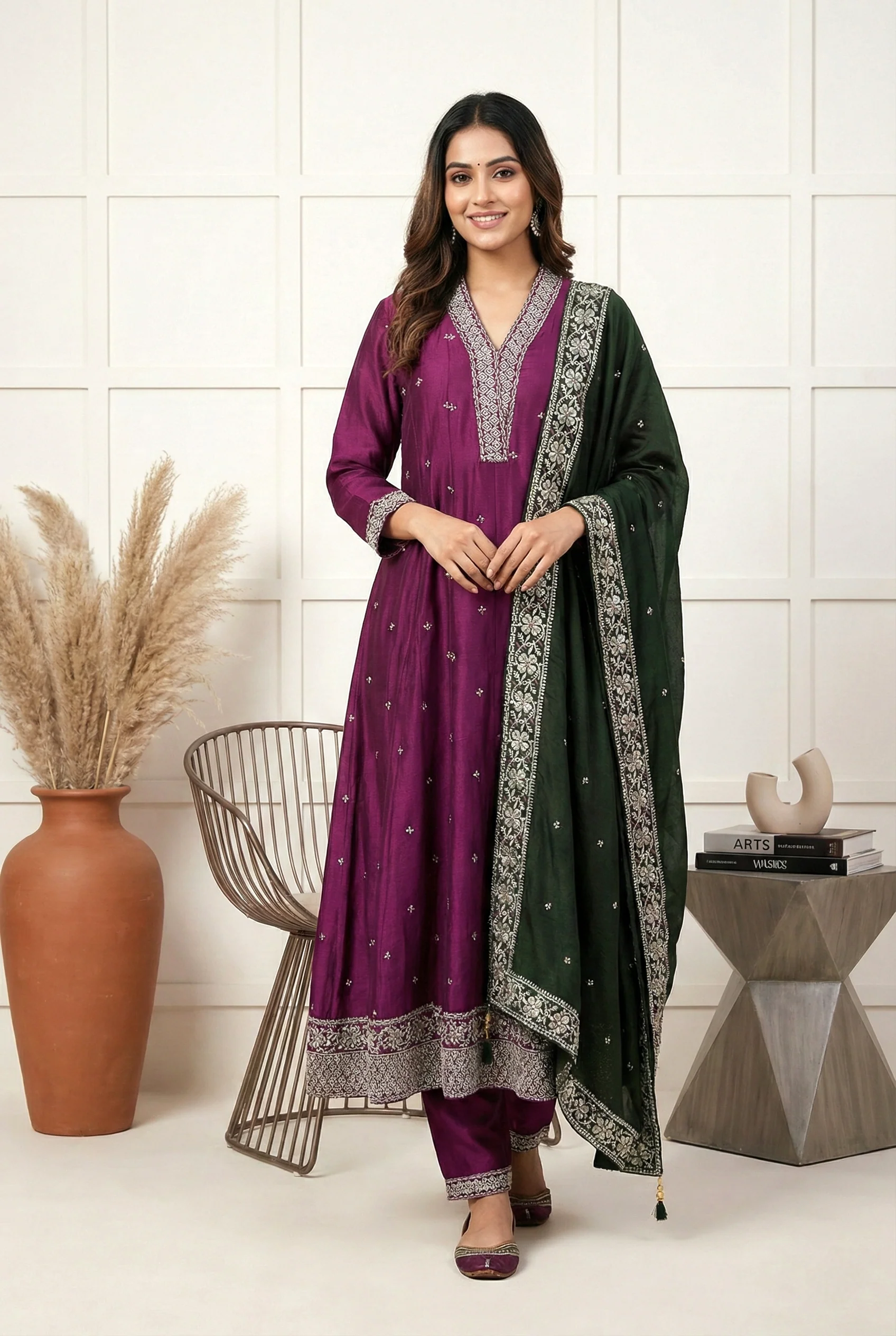 Wine Silk Printed Three Piece Set