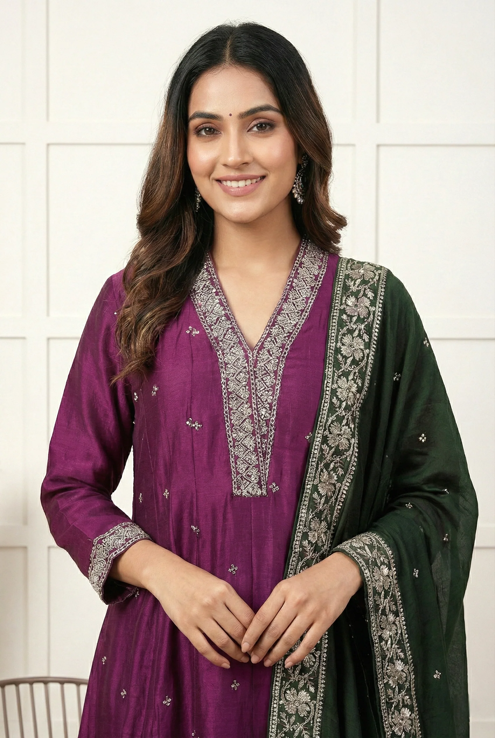 Wine Silk Printed Three Piece Set - Image 2