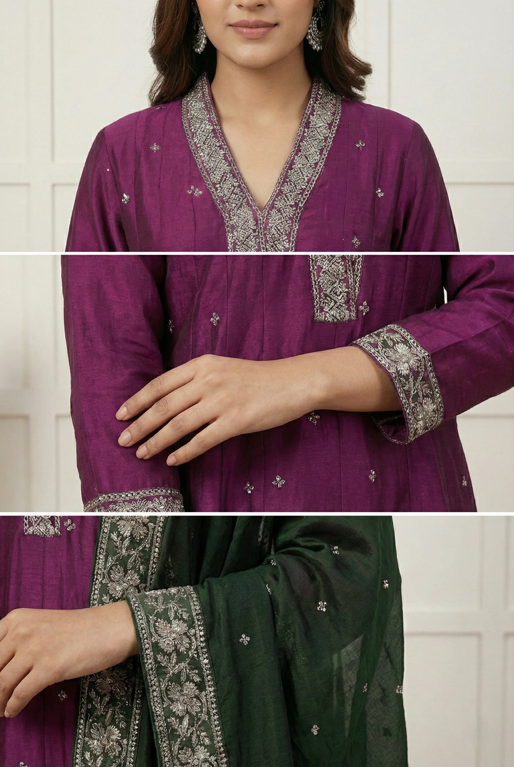 Wine Silk Printed Three Piece Set - Image 3