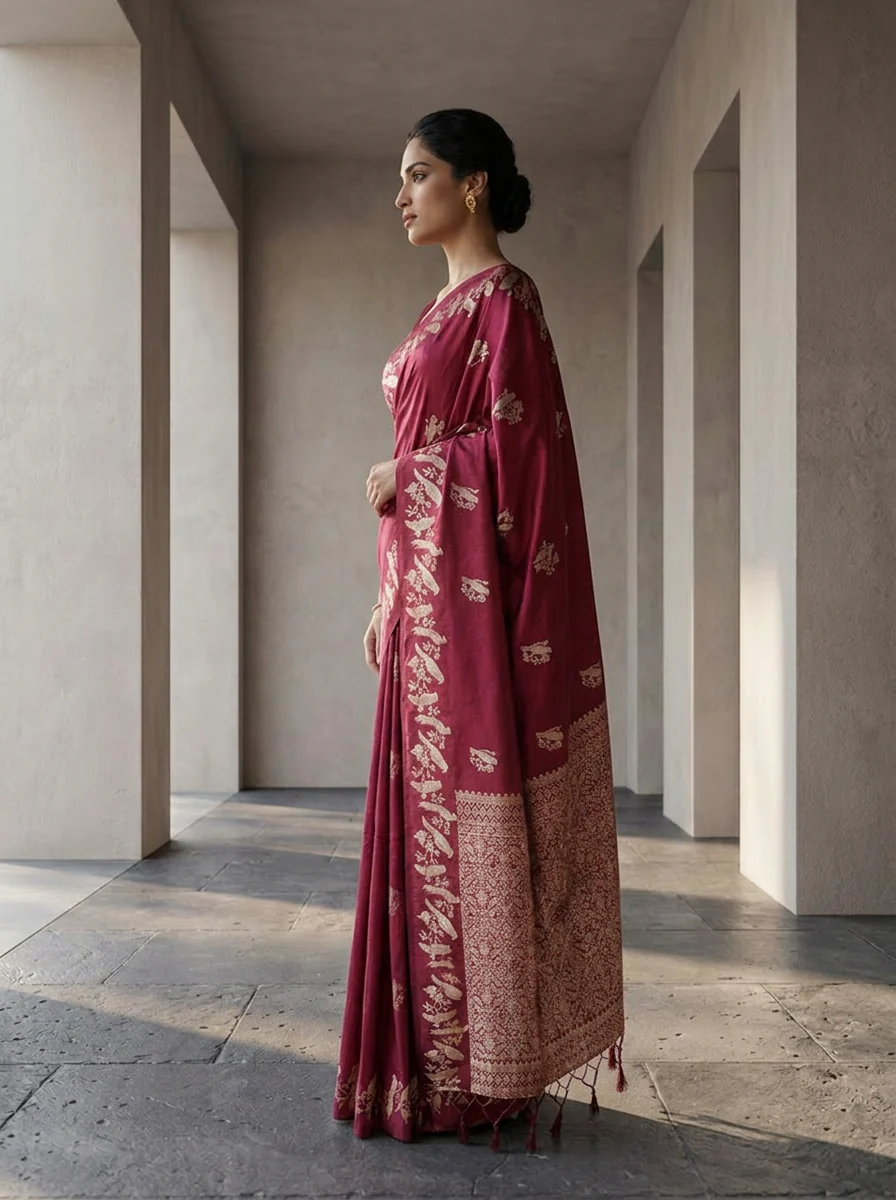 Wine Silk Saree With Zari Border - Image 3