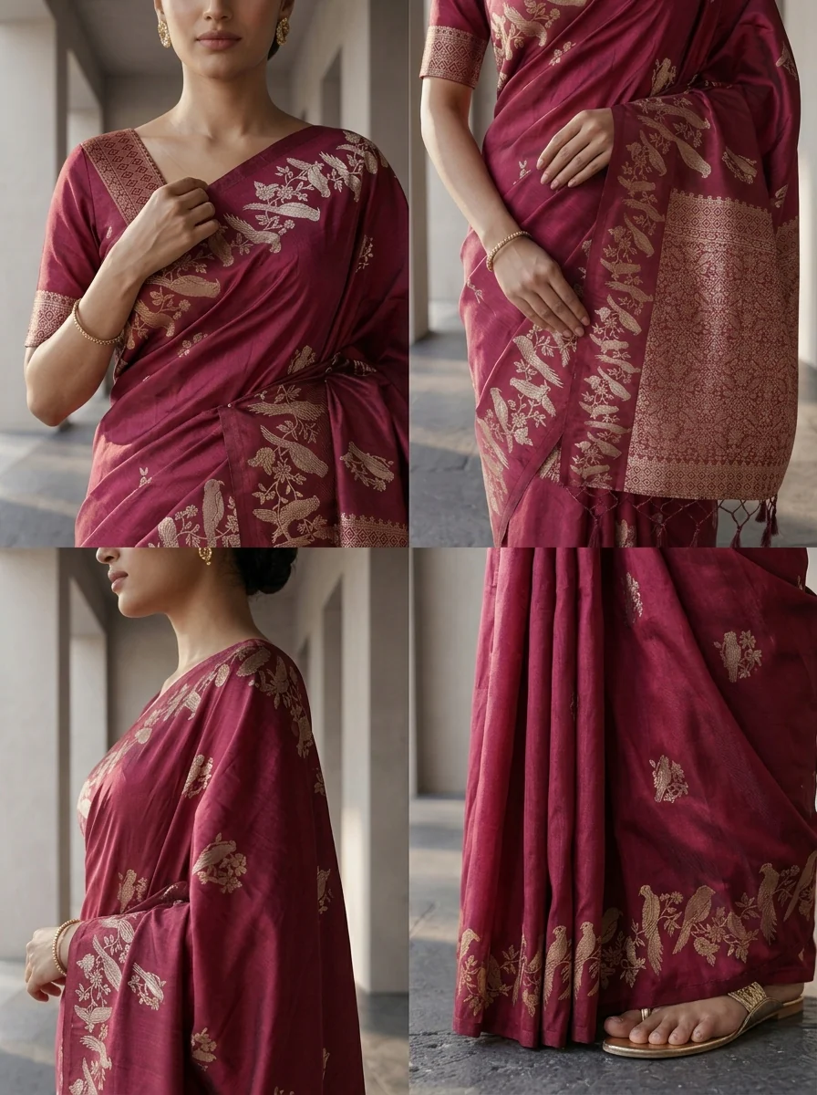 Wine Silk Saree With Zari Border - Image 4