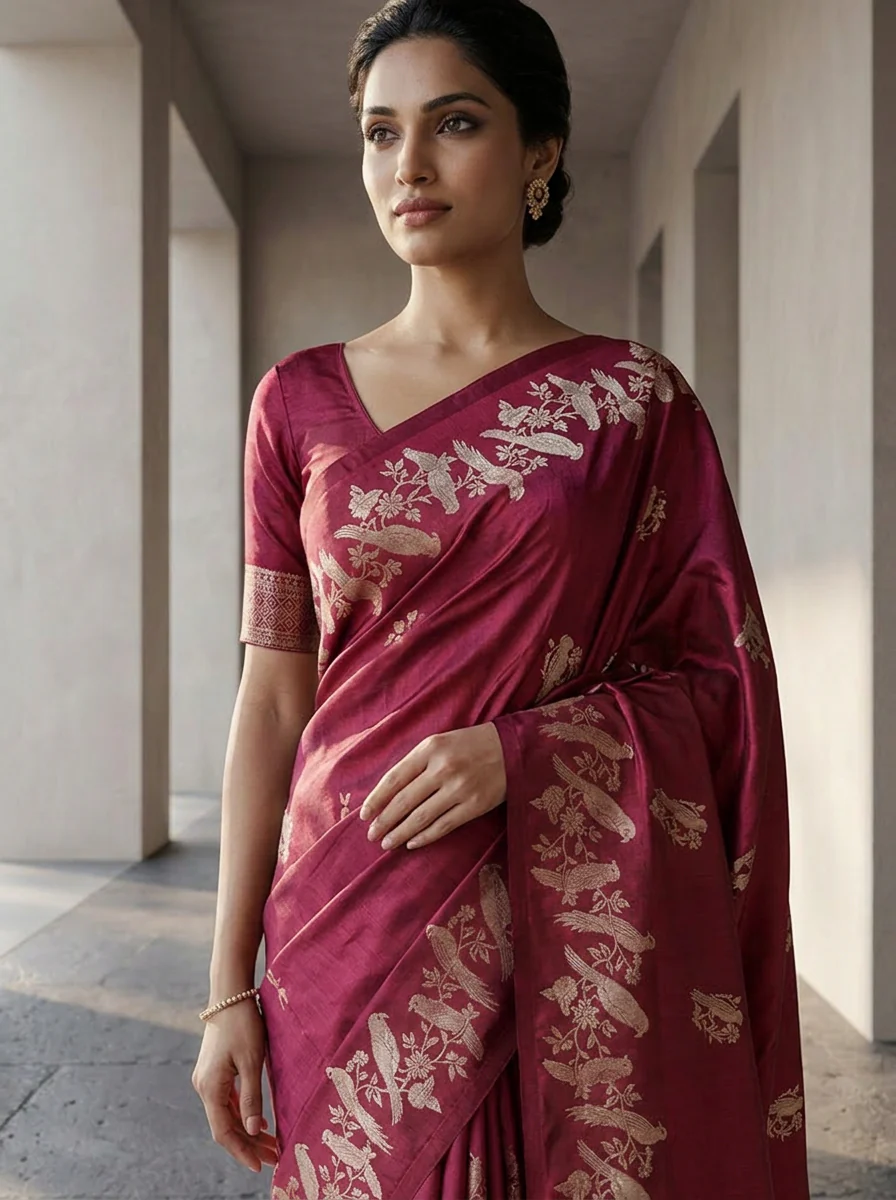 Wine Silk Saree With Zari Border - Image 5