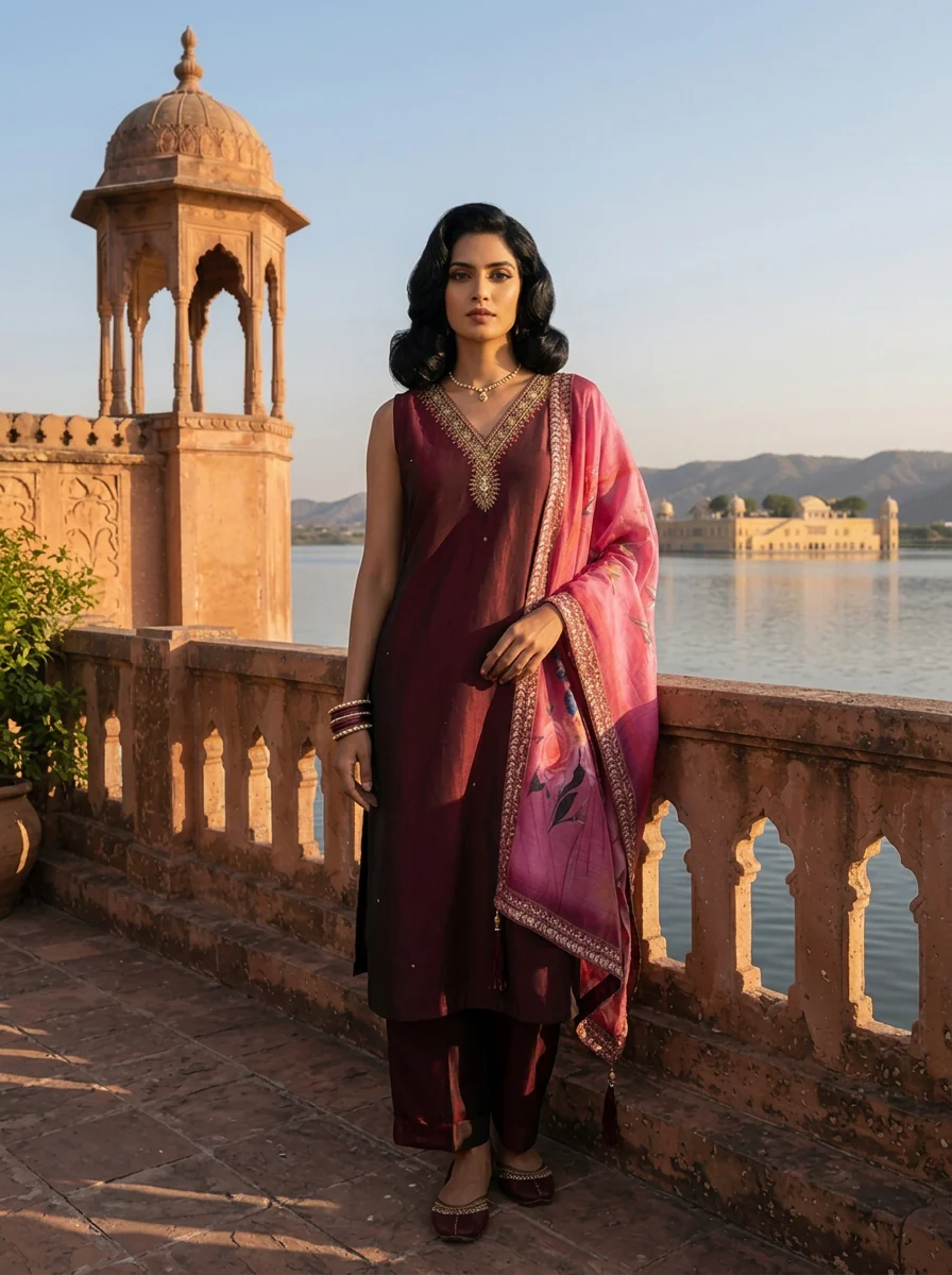 Wine Silk Zardosi Embroidery Three Piece Set - Image 2