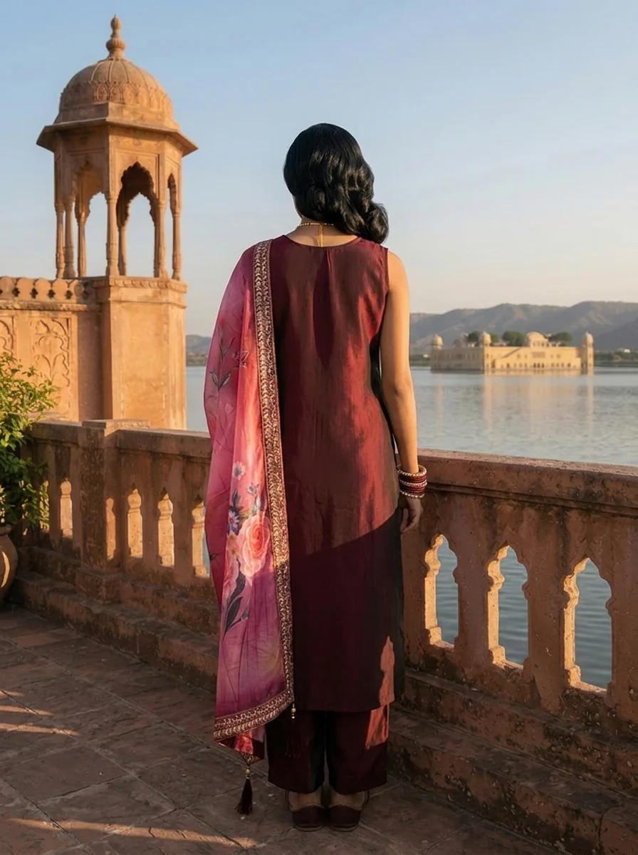 Wine Silk Zardosi Embroidery Three Piece Set - Image 4