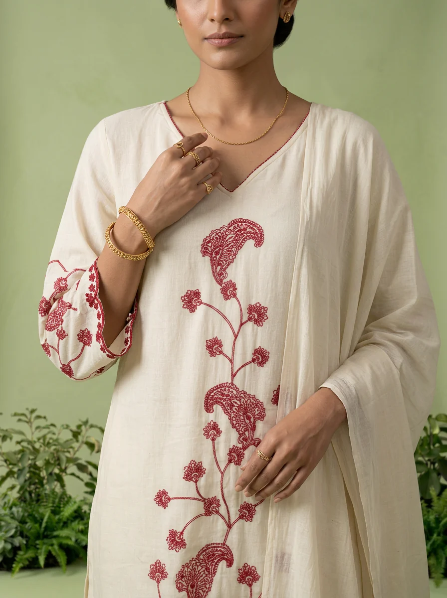 Wine Thread Embroidered Cotton Three Piece Set
