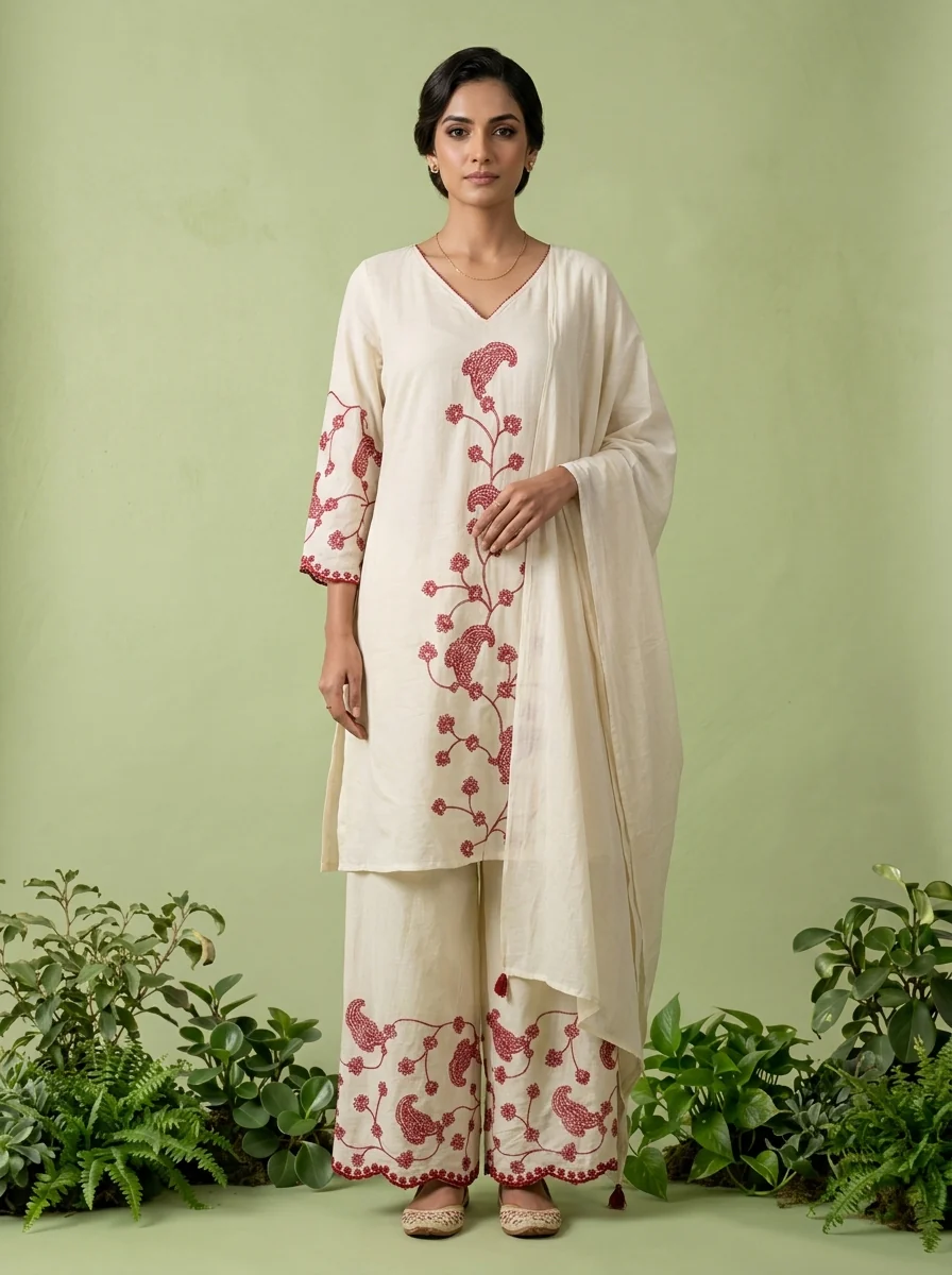 Wine Thread Embroidered Cotton Three Piece Set - Image 2