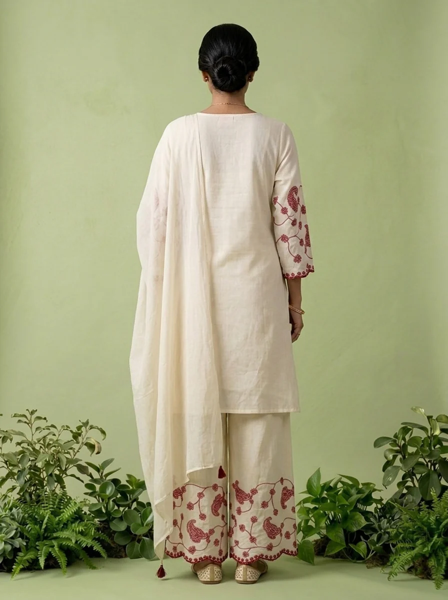 Wine Thread Embroidered Cotton Three Piece Set - Image 3
