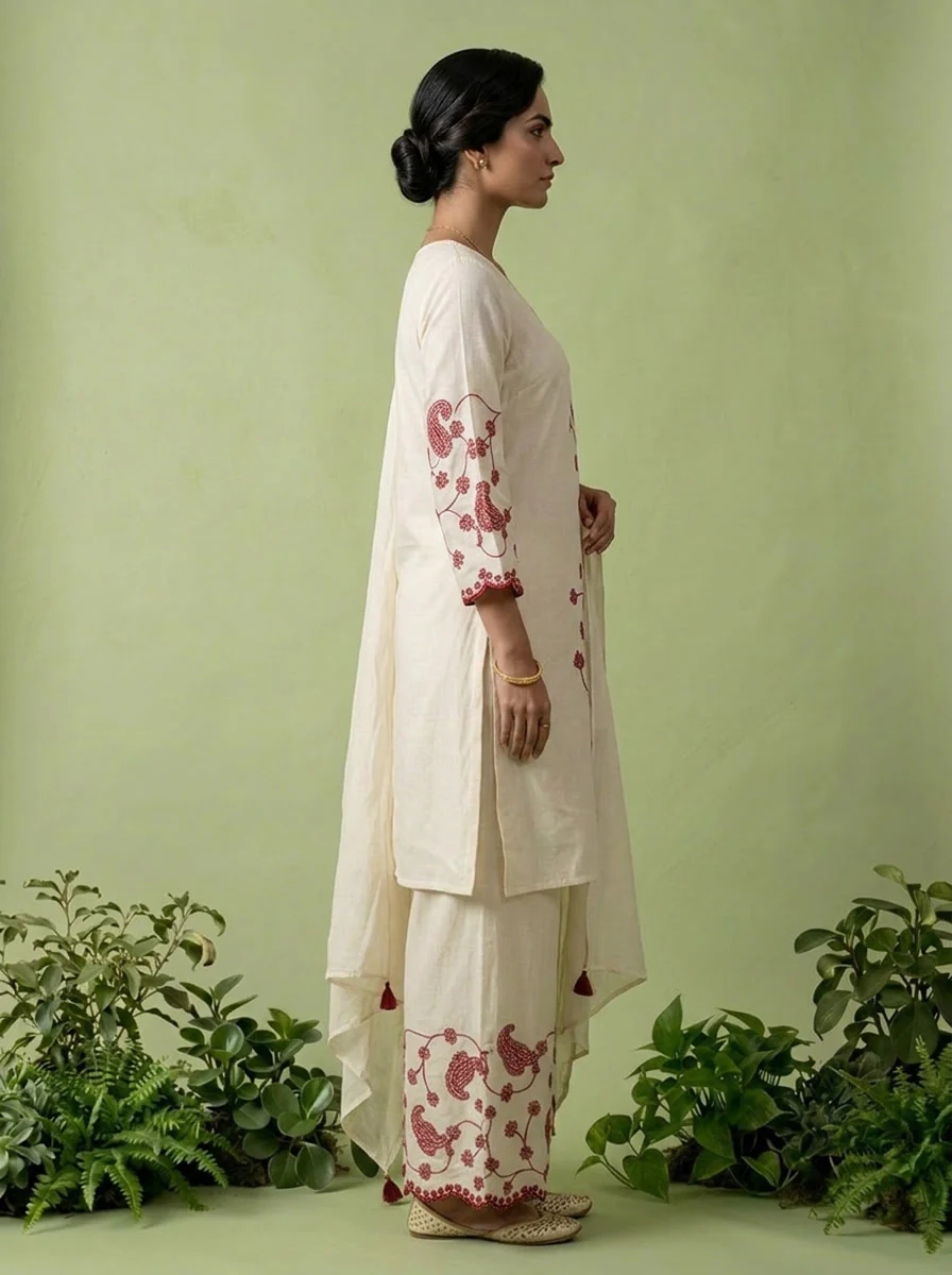 Wine Thread Embroidered Cotton Three Piece Set - Image 4