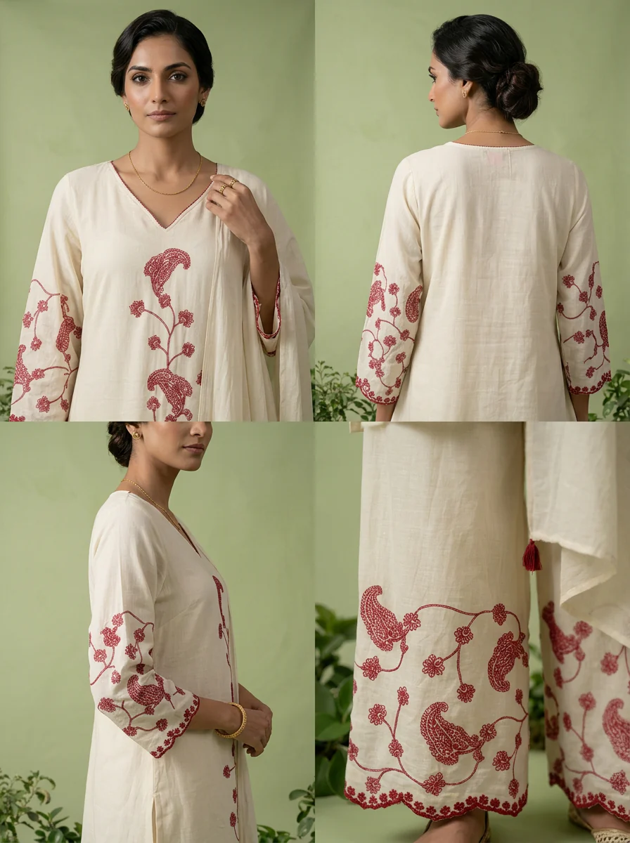 Wine Thread Embroidered Cotton Three Piece Set - Image 5