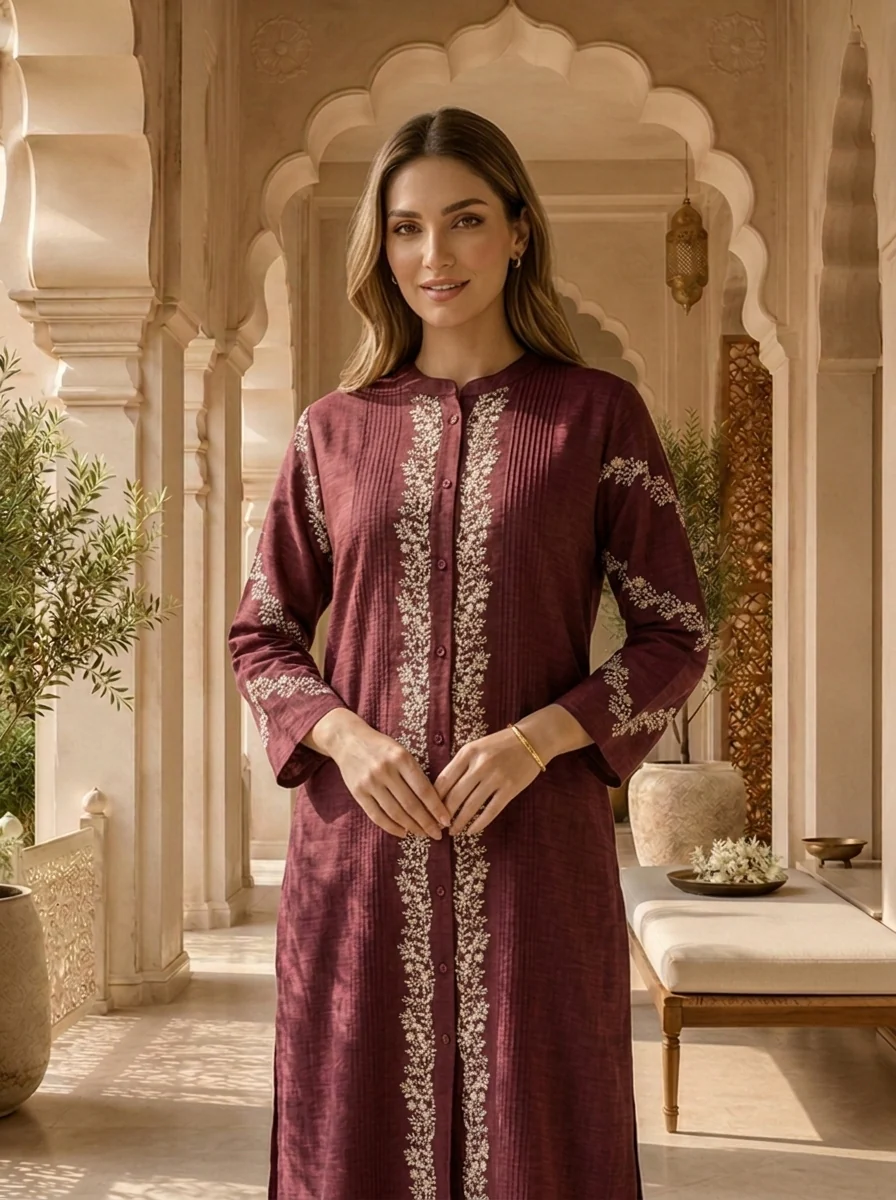 Wine Thread Embroidered Rayon Two Piece Set