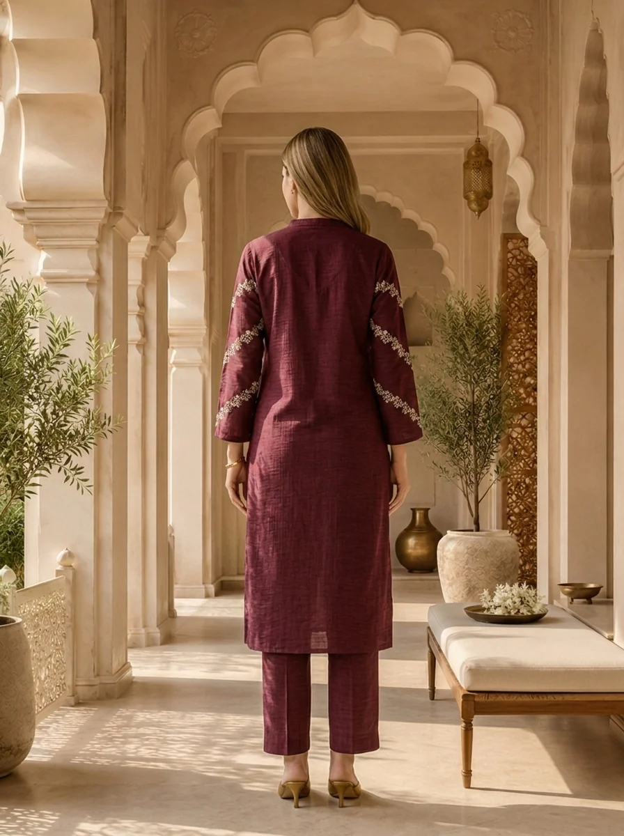 Wine Thread Embroidered Rayon Two Piece Set - Image 3