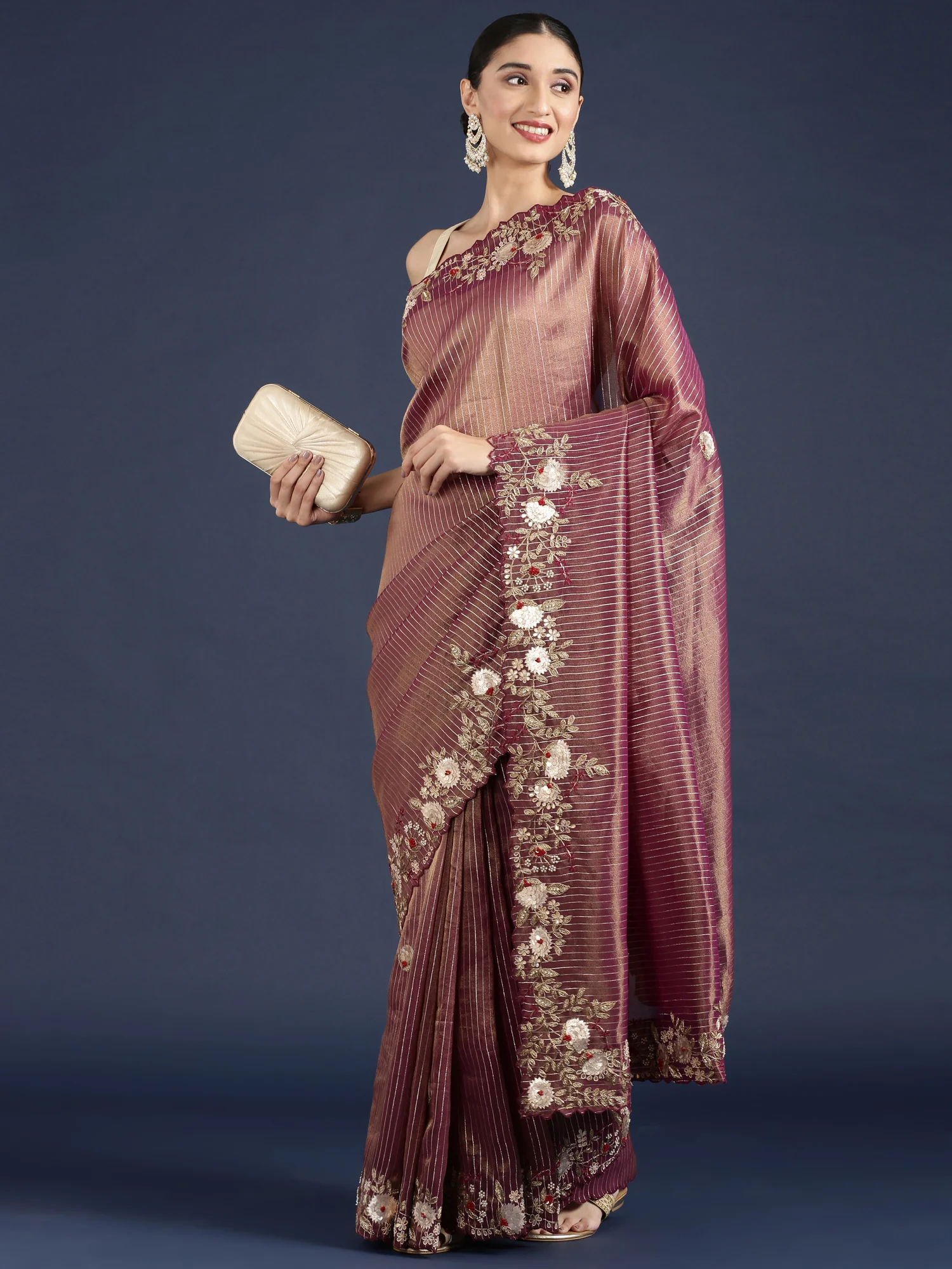 Wine Tissue Hand Embroidery Saree - Image 2