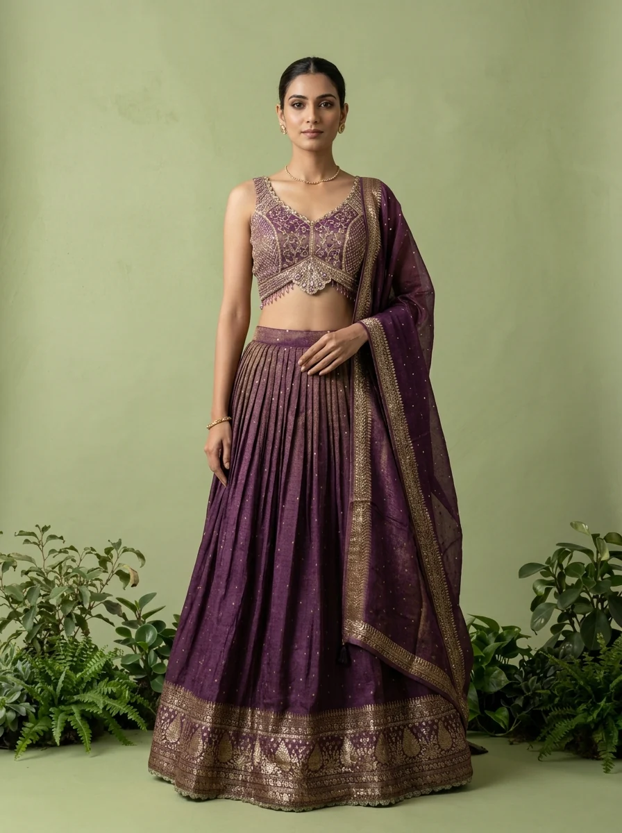 Wine Tissue Sequins And Beads Embroidery Ghagra Set - Image 2