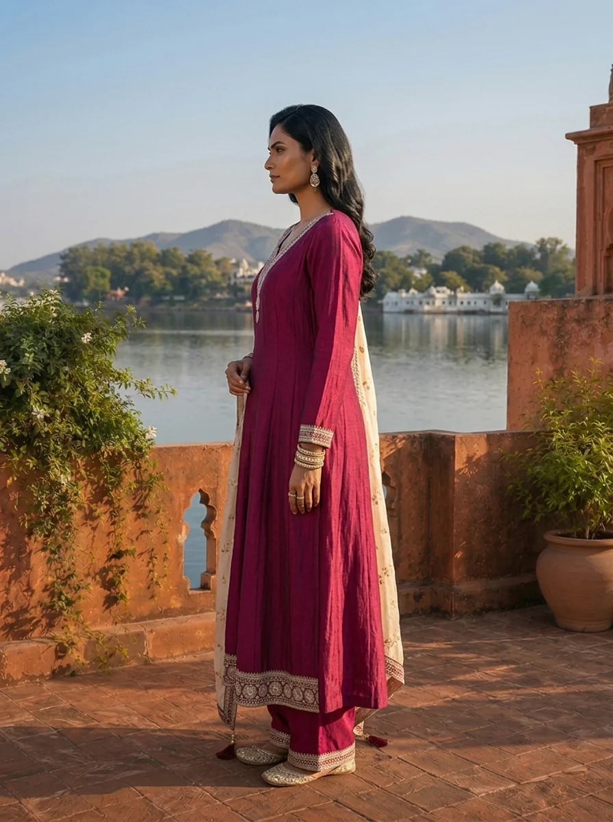Wine Vichitra Silk Geometric Zari Embroidery Three Piece Set - Image 3