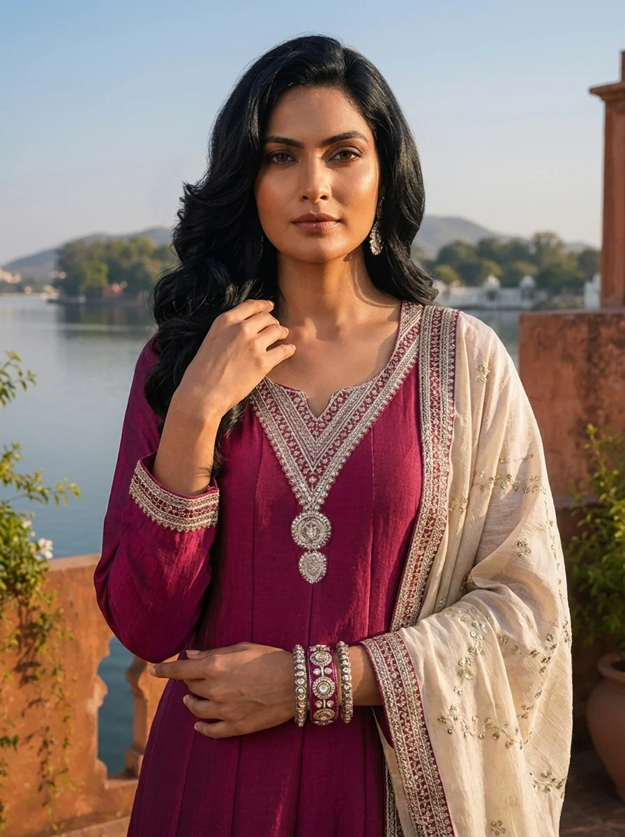Wine Vichitra Silk Geometric Zari Embroidery Three Piece Set - Image 4
