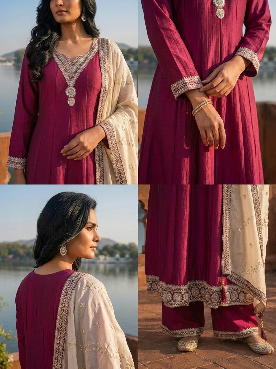 Wine Vichitra Silk Geometric Zari Embroidery Three Piece Set - Image 5