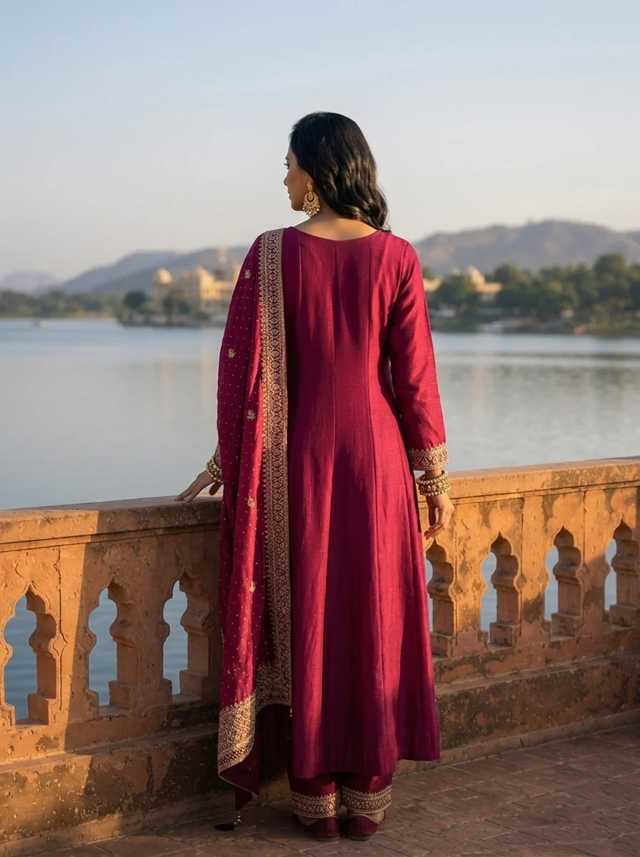 Wine Vichitra Silk Scalloped Zari Embroidery Three Piece Set - Image 2